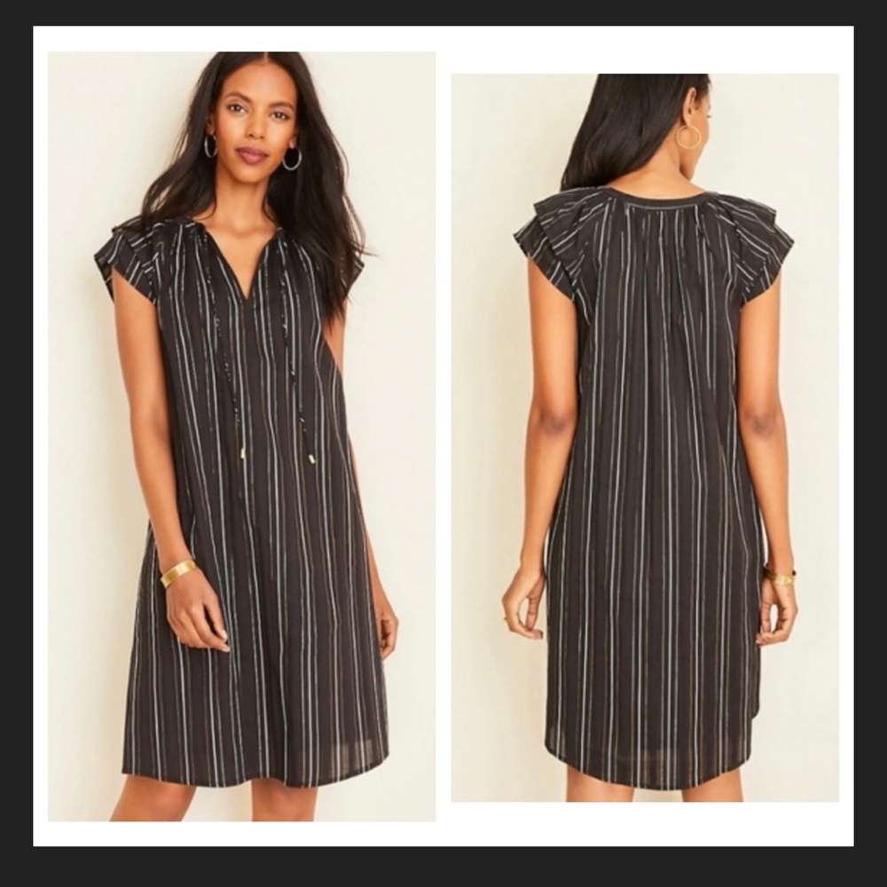 Ann Taylor Metallic Stripe Tie Neck Ruffle Sleeve Shift Dress